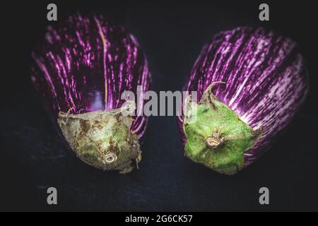 Closeup of two purple striped aubergines (eggplants) on black background Stock Photo