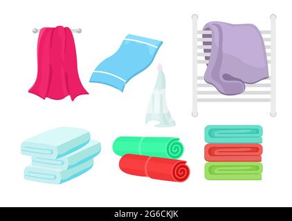 Vector illustration set of cartoon colorful towels. Collection of cloth towel for bath, hygiene. Stock Vector