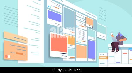 developer using smartphone creating mobile app ui interface web application development program software optimization Stock Vector