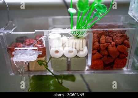 Close-up of water filtration circulation purification system of ...