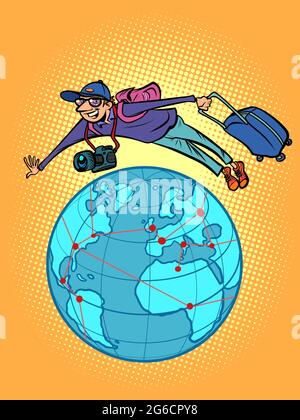 a male traveler is flying over the planet Earth, a weekend trip, a vacation Stock Vector