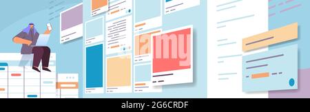 developer using smartphone creating mobile app ui interface web application development program software optimization Stock Vector