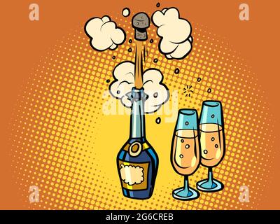 A bottle of champagne shoots a cork, glasses of wine. Celebration birthday wedding Stock Vector