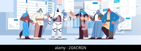 robot with arab businesspeople analyzing statistics graphs and charts financial data analyzing artificial intelligence Stock Vector