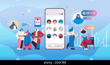 arabic people communicating in instant messengers by voice messages audio chat application social media Stock Vector