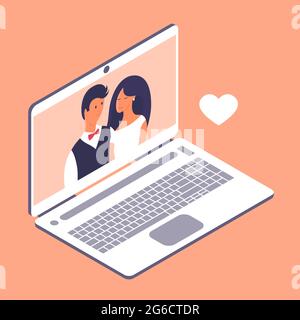 Wedding with the bride and groom online with a laptop in quarantine. Happy newlyweds on display by video calling. Cartoon vector isometric illustratio Stock Vector