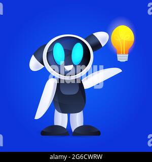 robot holding light lamp modern robotic character with bright bulb new project creative idea artificial intelligence Stock Vector