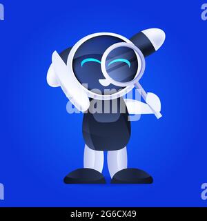 cute robot holding magnifying glass data search artificial intelligence concept full length Stock Vector