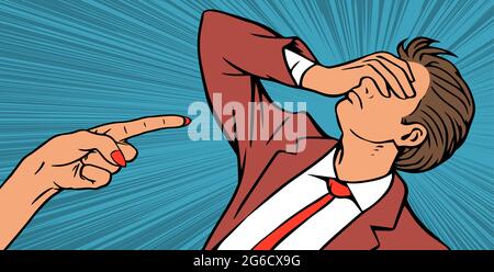 The young man is in great despair. He is scolds by a woman boss or a grumpy wife. Female hand with forefinger. Vector cartoon pop art illustration Stock Vector