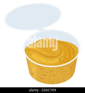 Mustard sauce in small plastic bowl on white background, delicious cartoon food condiment. Vector illustration. Stock Vector