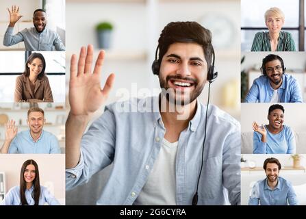 Video Conference. Multiethnic Group Of People Having Online Call Together, Screenshot Stock Photo