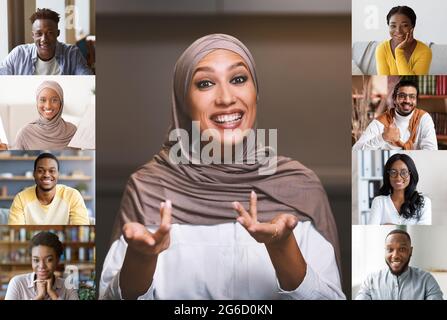 Webcam Laptop Screenshot Of Diverse Multiethnic People Having Video Conference Together Stock Photo