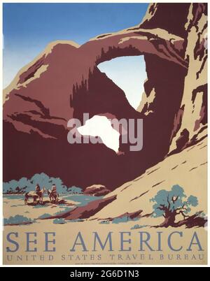 SEE AMERICA, vintage travel poster. Welcome to Montana, WPA poster, ca. 1937. Two Cowboys at rock formations. United States Travel Bureau. Stock Photo