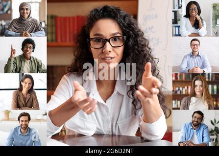 Webinar Concept. Multiethnic Group Of People Having Video Conference, Webcam Screenshot Stock Photo