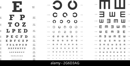 Snellen, Landoldt C, Golovin-Sivtsev s charts for vision tests. Ophthalmic test poster template. Flat vector illustration. Stock Vector