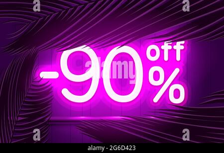 Neon frame 90 off text banner, summer bar promotion. Night Sign board. Vector illustration Stock Vector