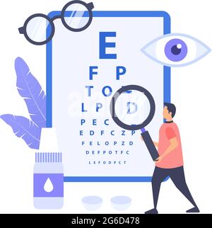 Vision test concept. Cartoon character with magnifying glass on Snellen table background. Flat vector illustration. Stock Vector