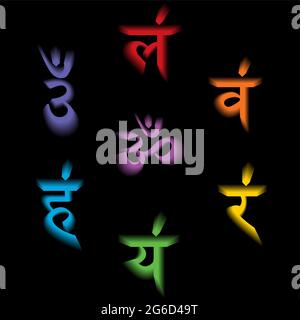 The seven bija mantras with 3D chakras set Sanskrit colorful letterig isolated on black background. Linear character illustration of Hinduism signs Stock Vector