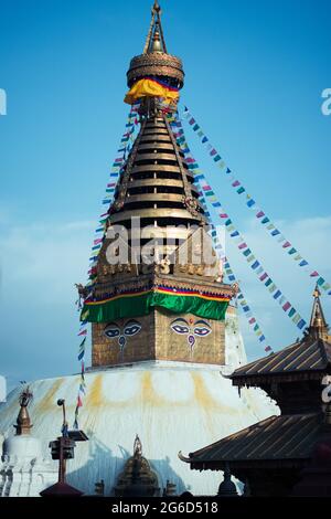 Ancient Swayambhunath Stupa in Kathmandu, Nepal. Heritage Site stock photo Stock Photo