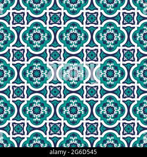Talavera pattern. Azulejos portugal. Turkish ornament. Moroccan tile mosaic. Spanish porcelain. Ceramic tableware, folk print. Spanish pottery. Ethnic background. Mediterranean seamless wallpaper. Stock Vector