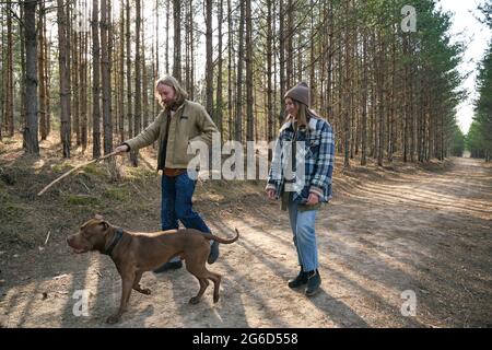Young man showing stick to his dog and playing with him during walk in the park together with his girlfriend Stock Photo