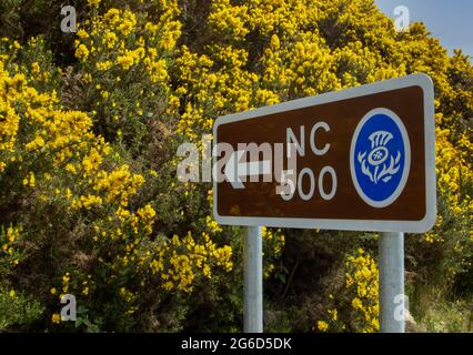 North Coast 500 (NC500) road signs in the Scottish Highlands, UK