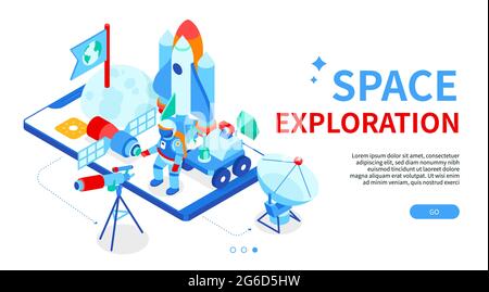 Space exploration - modern colorful isometric web banner with copy space for text. Galaxy, astronomy idea. Futuristic illustration with shuttle, satel Stock Vector