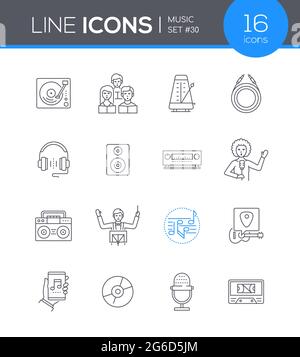 Music - modern line design style icons set. Leisure, hobby idea. Sound studio equipment and musicians images. Vinyl, choir, metronome, cassette, guita Stock Vector