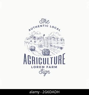 Local Agriculture Farm Retro Badge or Logo Template. Hand Drawn Rural Farm Landscape Sketch with Windmill, Haystack with Typography Layout. Vintage Stock Vector