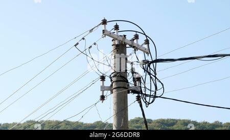 Concrete Electric Pillar With Wires & Lamp. Stock Photo