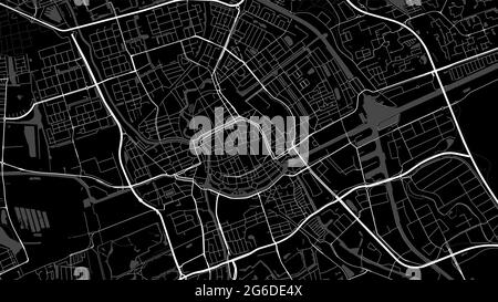 Black and white Groningen City area vector background map, streets and water cartography illustration. Widescreen proportion, digital flat design stre Stock Vector