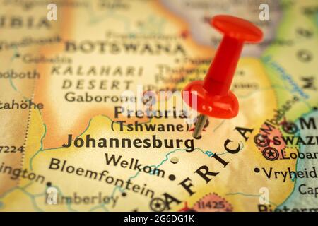 Location Johannesburg in South Africa, map with push pin closeup, travel and journey concept with marker, Africa Stock Photo