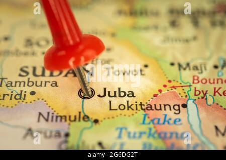 Location Juba in South Sudan, map with push pin closeup, travel and journey concept with marker, Africa Stock Photo