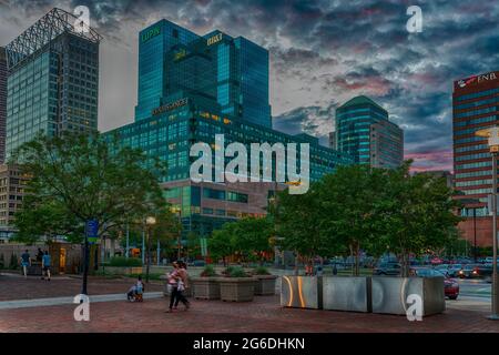 The Gallery at Harborplace contains a shopping mall and Renaissance Harborplace Hotel. Stock Photo