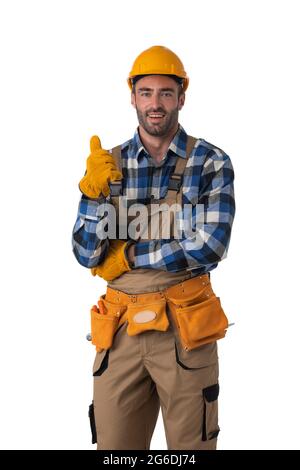 Portrait of construction worker showing thumb up isolated on white background Stock Photo