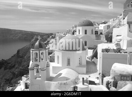 Greek Islands style architecture of Oia village, Santorini island, Greece in Monochrome Stock Photo