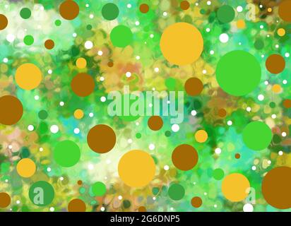 Background is smeared greens and aquas.  Big and small polka dots in greens and yellows float across the surface. Stock Photo