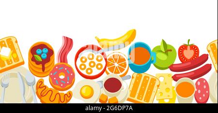Healthy breakfast seamless pattern. Various food and drinks. Illustration for cafes, restaurants and hotels. Stock Vector