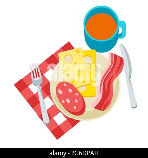 Breakfast illustration. Tasty bacon, sausage and cheese on plate and tea. Concept for cafes, restaurants. Stock Vector