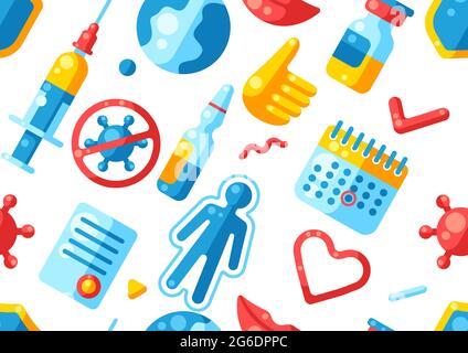 Vaccination seamless pattern with vaccine icons. Immunization items. Health care and protection from virus. Stock Vector