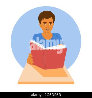 Young smiling boy sits at a desk and holds a book. School boy learning. Clever happy pupil on lesson concept vector illustration Stock Vector