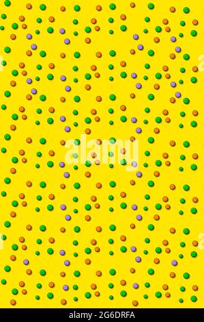 3D, black outlined, dots in bright green, purple and orange fill yellow colored background. Stock Photo