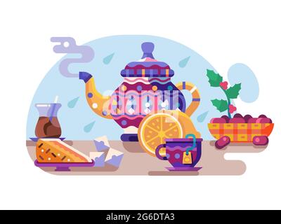 Arabic Tea Break Concept with Oriental Kettle Stock Vector