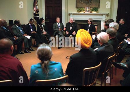 President George W. Bush meets with religious leaders Thursday, Sept. 20, 2001, in the Roosevelt Room of the White House.  Photo by Tina Hager, Courtesy of the George W. Bush Presidential Library Stock Photo