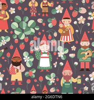 Strawberry Garden Gnomes and Elves Pattern Stock Vector