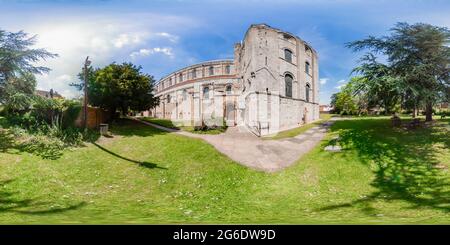 360 degree panoramic view of Romsey, Hampshire, UK – June 15 2021. Full spherical seamless panorama 360 degrees angle view of the ancient and historical abbey in the town of Romse