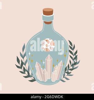 Magic bottle. Witchcraft. Vial with crystals, leaves, stars. Gothic style. Vector flat illustration in light pastel colots. Esoteric symbol. Stock Vector