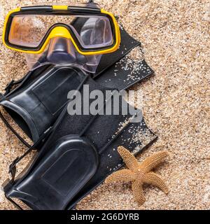 scuba fins and snorkel mask with starfish in the sand Stock Photo
