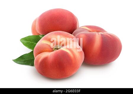Ripe chinese flat peach fruit with leaf isolated on white background with clipping path and full depth of field Stock Photo
