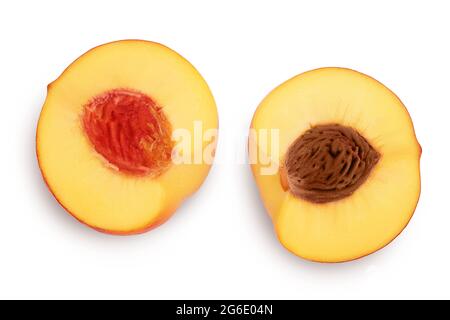 ripe peach half isolated on white background with clipping path. Top view. Flat lay Stock Photo